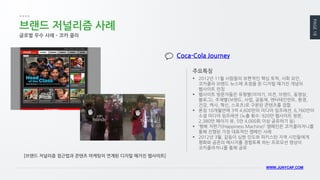 PAGE 18 
WWW.JUNYCAP.COM 
브랜드 저널리즘 사례 
글로벌 우수 사례 – 코카 콜라 
2012년 11월 사람들의 보편적인 핵심 토픽, 사회 요인, 코카콜라 브랜드 뉴스에 초점을 둔 디지털 매거진 개념의 웹사이트 런칭 
웹사이트 방문자들은 유형별(이야기, 의견, 브랜드, 동영상, 블로그), 주제별(브랜드, 사업, 공동체, 엔터테인먼트, 환경, 건강, 역사, 혁신, 스포츠)로 구분된 콘텐츠를 접함. 
론칭 10개월만에 3억 4,600만의 미디어 임프레션, 6,760만의 소셜 미디어 임프레션 (노출 횟수: 920만 웹사이트 방문, 2,380만 페이지 뷰, 5만 4,000회 이상 공유하기 등) 
‘행복 자판기(Happiness Machine)’ 캠페인은 코카콜라저니를 통해 진행된 가장 대표적인 캠페인 사례 
2012년 3월, 갈등이 심한 인도와 파키스탄 지역 시민들에게 평화와 공존의 메시지를 경험토록 하는 프로모션 영상이 코카콜라저니를 통해 공유 
주요특징 
Coca-Cola Journey 
[브랜드 저널리즘 접근법과 콘텐츠 마케팅이 연계된 디지털 매거진 웹사이트]  