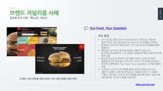 PAGE 19 
WWW.JUNYCAP.COM 
브랜드 저널리즘 사례 
글로벌 우수 사례 – 맥도날드 캐나다 
2011년 말, 유명 요리사 Jamie Oliver가 맥도널드 패티의 원료가 되는 ‘핑크 슬라임(Pink Slime)’의 문제점을 지적하는 동영상이 유투브에 업로드하자, 미국 및 캐나다 언론들을 통해 집중보도 
맥도널드 캐나다는 핑크 슬라임을 사용하지 않는다고 공식적으로 발표하며, 자사 품질과 안정성에 대한 부정적 이슈에 정면 대응 
동시에 SNS와 연계하여 소비자들이 아주 사소한 것이라도 질문을 던지면 맥도널드가 텍스트, 이미지, 비디오로 콘텐츠로 제작 후 답변해주는 ‘Our Food, Your Question’ 디지털 캠페인 진행 
고객과의 소셜 미디어 대화를 통해 생산된 콘텐츠(2013년 3월까지 질문과 답변 총 2만482건, 동영상 조회 수 1,400만 기록)는 맥도널드 소셜 미디어 채널을 통해 확산되어, 브랜드에 대한 올바른 인식과 신뢰를 이끌어냄 
주요 특징 
Our Food, Your Question 
[브랜드 신뢰 회복을 위한 온라인 이슈 대응 캠페인 웹사이트]  
