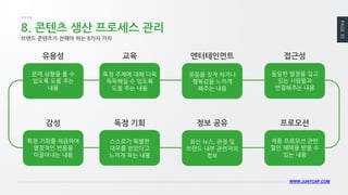 PAGE 35 
WWW.JUNYCAP.COM 
8. 콘텐츠 생산 프로세스 관리 
브랜드 콘텐츠가 전해야 하는 8가지 가치 
유용성 
문제 상황을 풀 수 있도록 도움 주는 내용 
교육 
특정 주제에 대해 더욱 똑똑해질 수 있도록 도움 주는 내용 
엔터테인먼트 
웃음을 짓게 하거나 행복감을 느끼게 해주는 내용 
접근성 
동일한 열정을 갖고 있는 사람들과 연결해주는 내용 
감성 
특정 기회를 제공하여 열정적인 반응을 이끌어내는 내용 
독점 기회 
스스로가 특별한 대우를 받았다고 느끼게 하는 내용 
정보 공유 
최신 뉴스, 관점 및 브랜드 내부 관련자의 정보 
프로모션 
제품 프로모션 관련 할인 혜택을 받을 수 있는 내용  