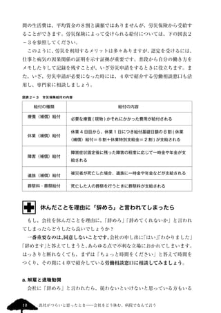 間の生活費は、平均賃金の８割と満額ではありませんが、労災保険から受給す 
ることができます。労災保険によって受けられる給付については、下の図表２ 
−３を参照してください。 
　このように、労災を利用するメリットは多々ありますが、認定を受けるには、 
仕事と病気の因果関係の証明を示す証拠が重要です。普段から自分の働き方を 
メモしたりして記録を残すことが、いざ労災申請をするときに役立ちます。ま 
た、いざ、労災申請が必要になった時には、４章で紹介する労働相談窓口も活 
用し、専門家に相談しましょう。 
図表２ー３　労災保険給付の内容 
給付の種類 
療養（補償）給付 
休業（補償）給付 
障害（補償）給付 
給付の内容 
必要な療養( 現物) かそれにかかった費用が給付される 
休業4 日目から、休業1 日につき給付基礎日額の8 割( 休業 
（補償）給付＝ 6 割＋休業特別支給金＝ 2 割) が支給される 
障害症状固定後に残った障害の程度に応じて一時金や年金が支 
給される 
遺族（補償）給付被災者が死亡した場合、遺族に一時金や年金などが支給される 
葬祭料・葬祭給付 
死亡した人の葬祭を行うときに葬祭料が支給される 
休んだことを理由に「辞めろ」と言われてしまったら 
　もし、会社を休んだことを理由に、「辞めろ」「辞めてくれないか」と言われ 
てしまったらどうしたら良いでしょうか？ 
　一番重要なのは、同意しないことです。会社の申し出に「はい」「わかりました」 
「辞めます」と答えてしまうと、あらゆる点で不利な立場におかれてしまいます。 
はっきりと断れなくても、まずは「ちょっと時間をください」と答えて時間を 
つくり、その間に4 章で紹介している労働相談窓口に相談してみましょう。 
a. 解雇と退職勧奨 
　会社に「辞めろ」と言われたら、従わないといけないと思っている方もいる 
10 出社がつらいと思ったとき―会社をどう休む、病院でなんて言う 
 