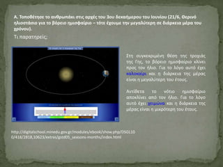 Α. Τοποθέτησε το ανθρωπάκι στις αρχές του 3ου δεκαήμερου του Ιουνίου (21/6, Θερινό
ηλιοστάσιο για το βόρειο ημισφαίριο – τότε έχουμε την μεγαλύτερη σε διάρκεια μέρα του
χρόνου).
Τι παρατηρείς;
Στη συγκεκριμένη θέση της τροχιάς
της Γης, το βόρειο ημισφαίριο κλίνει
προς τον ήλιο. Για το λόγο αυτό έχει
καλοκαίρι και η διάρκεια της μέρας
είναι η μεγαλύτερη του έτους.
Αντίθετα το νότιο ημισφαίριο
αποκλίνει από τον ήλιο. Για το λόγο
αυτό έχει χειμώνα και η διάρκεια της
μέρας είναι η μικρότερη του έτους.
http://digitalschool.minedu.gov.gr/modules/ebook/show.php/DSGL10
0/418/2818,10623/extras/gstd05_seasons-months/index.html
 
