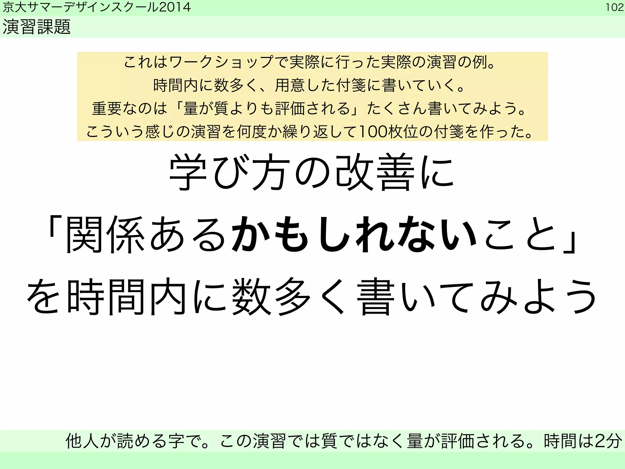 京大サマーデザインスクール2014 
演習課題 
他人が読める字で。この演習では質ではなく量が評価される。時間は2分 
　 
学び方の改善に 
「関係あるかもしれないこと」 
を時間内に数多く書いてみよう 
102 
これはワークショップで実際に行った実際の演習の例。 
時間内に数多く、用意した付箋に書いていく。 
重要なのは「量が質よりも評価される」たくさん書いてみよう。 
こういう感じの演習を何度か繰り返して100枚位の付箋を作った。 
 