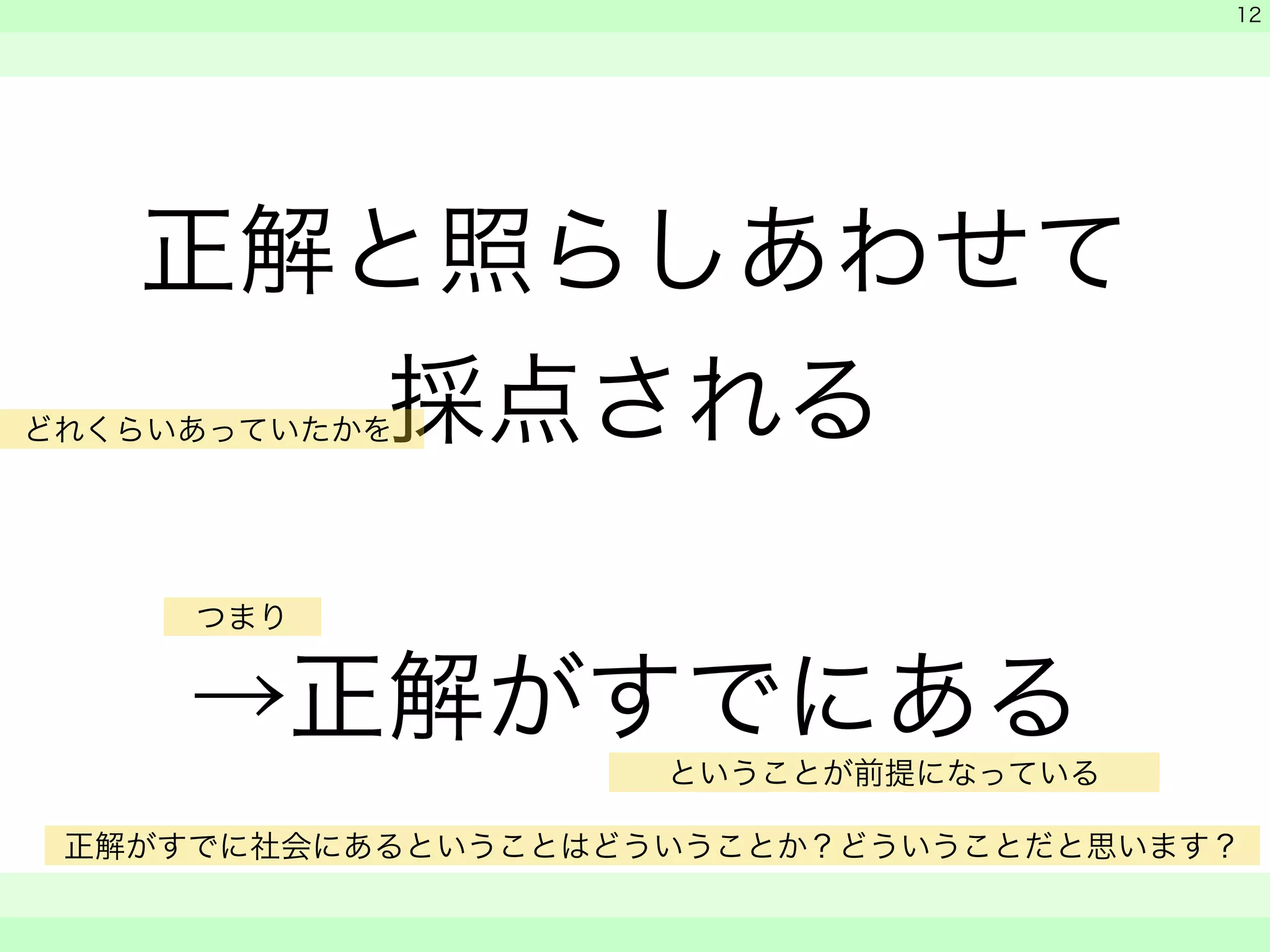 正解と照らしあわせて 
採点される 
! 
→正解がすでにある 
　 
　 
　　 
12 
どれくらいあっていたかを 
つまり 
ということが前提になっている 
正解がすでに社会にあるということはどういうことか？どういうことだと思います？ 
 