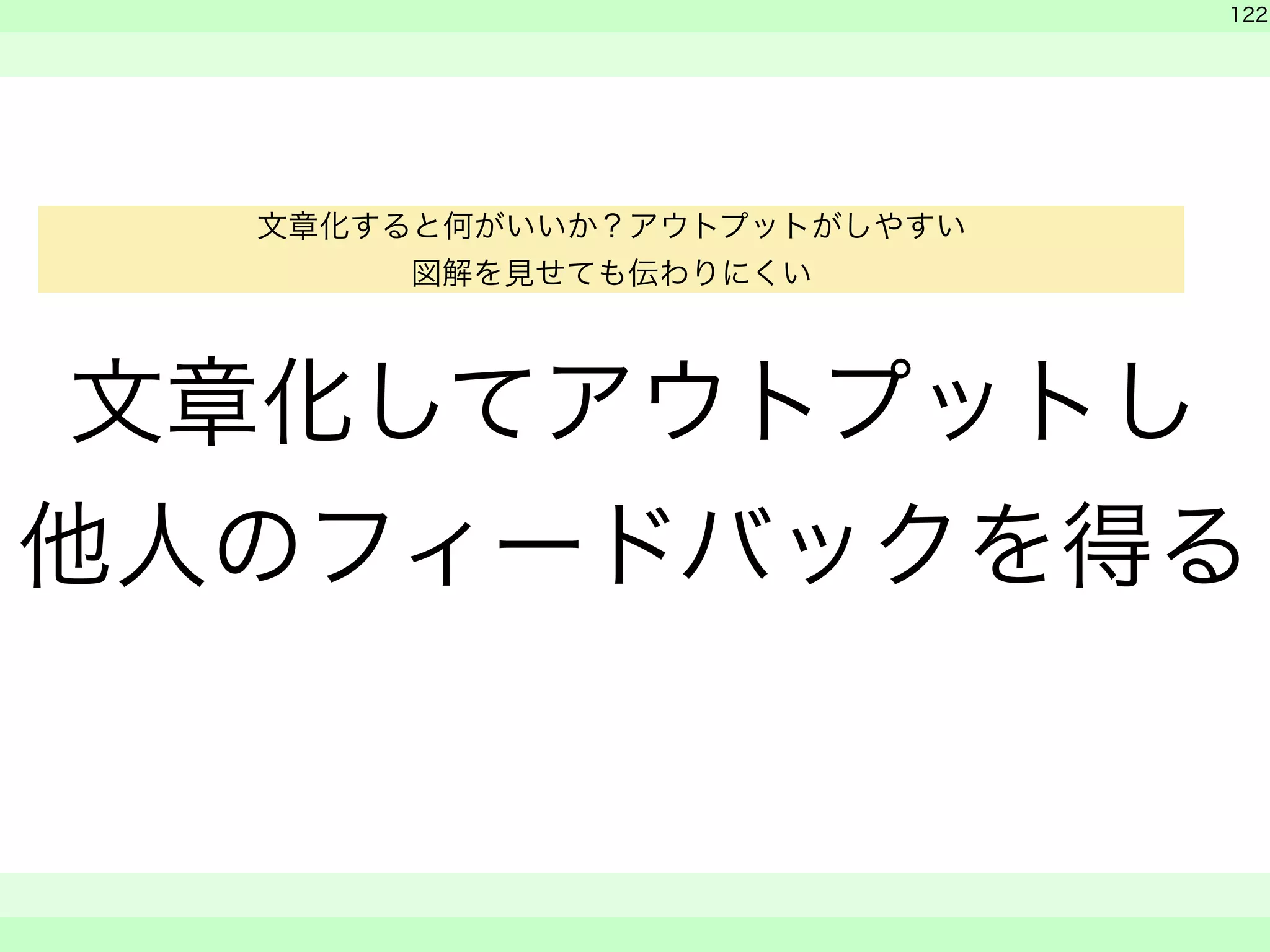 　 
　 
122 
文章化してアウトプットし 
他人のフィードバックを得る 
　　 
文章化すると何がいいか？アウトプットがしやすい 
図解を見せても伝わりにくい 
 