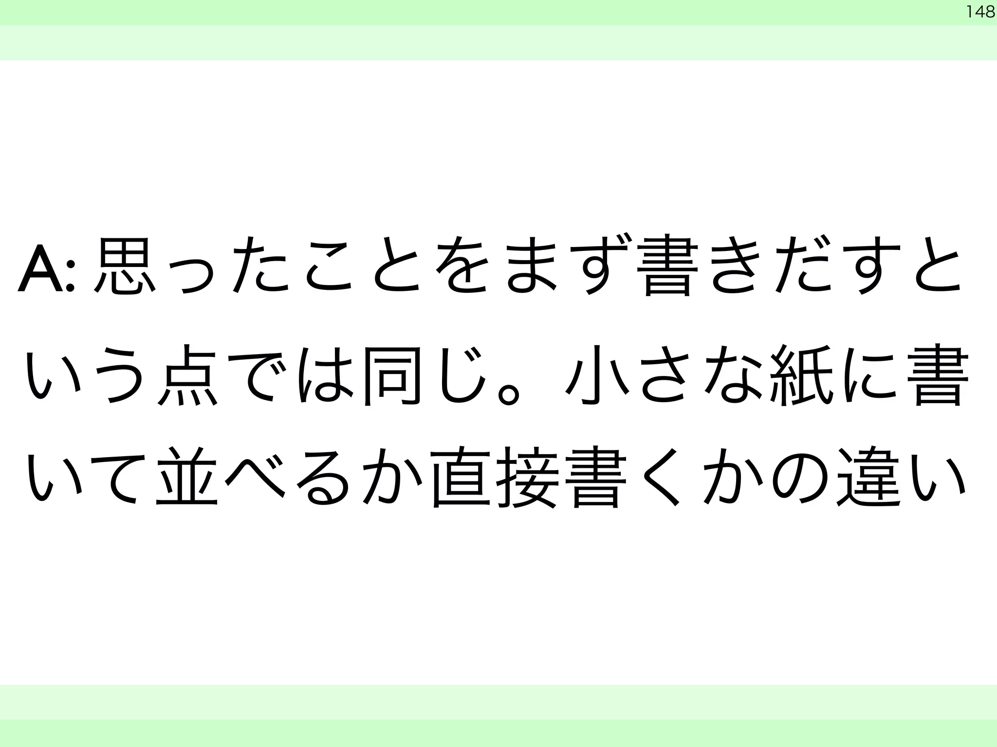 　 
148 
A: 思ったことをまず書きだすと 
いう点では同じ。小さな紙に書 
いて並べるか直接書くかの違い 
　　 
 