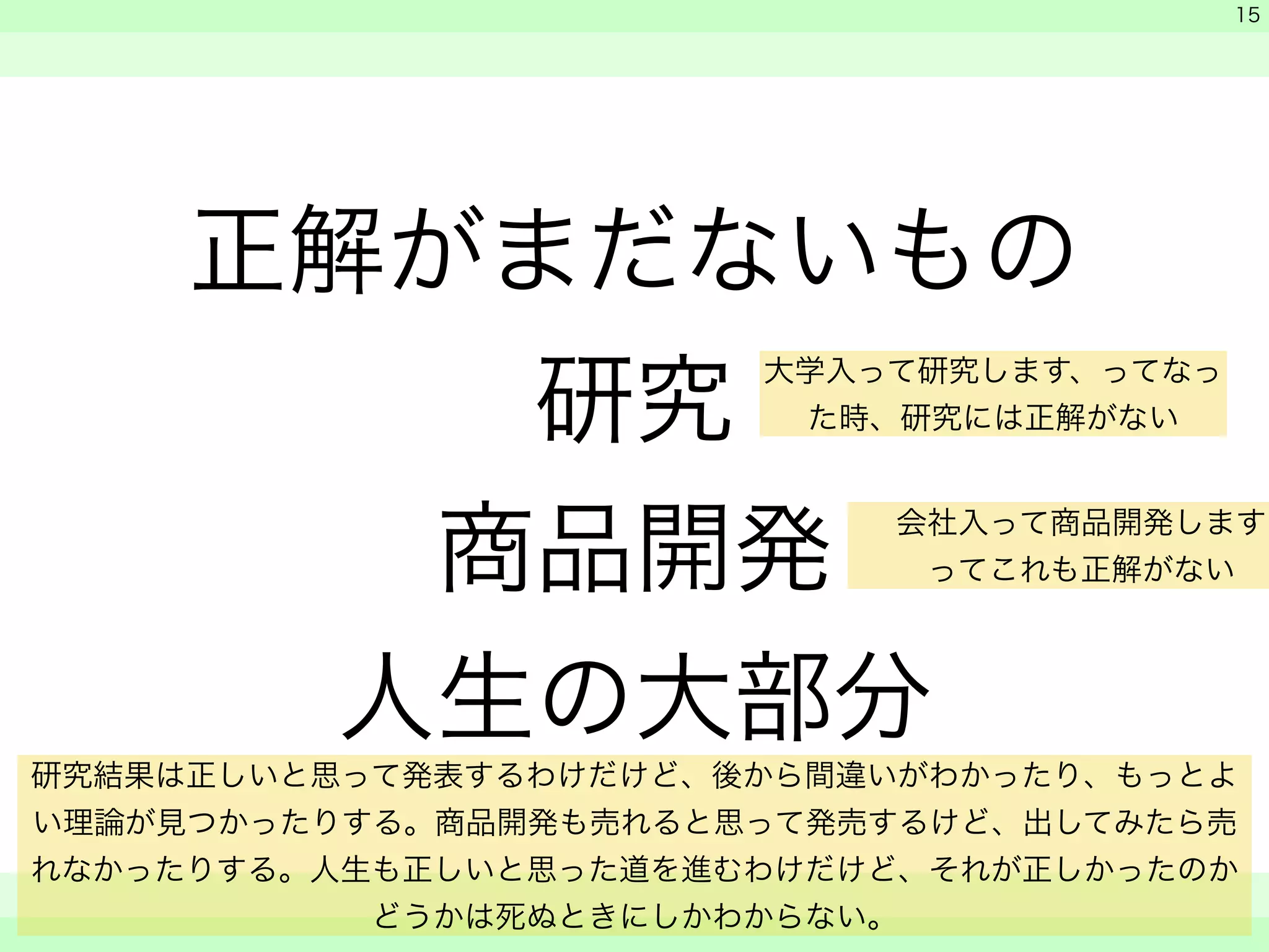 正解がまだないもの 
研究 
商品開発 
人生の大部分 
　 
　 
会社入って商品開発します 
ってこれも正解がない 
　　 
15 
大学入って研究します、ってなっ 
た時、研究には正解がない 
研究結果は正しいと思って発表するわけだけど、後から間違いがわかったり、もっとよ 
い理論が見つかったりする。商品開発も売れると思って発売するけど、出してみたら売 
れなかったりする。人生も正しいと思った道を進むわけだけど、それが正しかったのか 
どうかは死ぬときにしかわからない。 
 