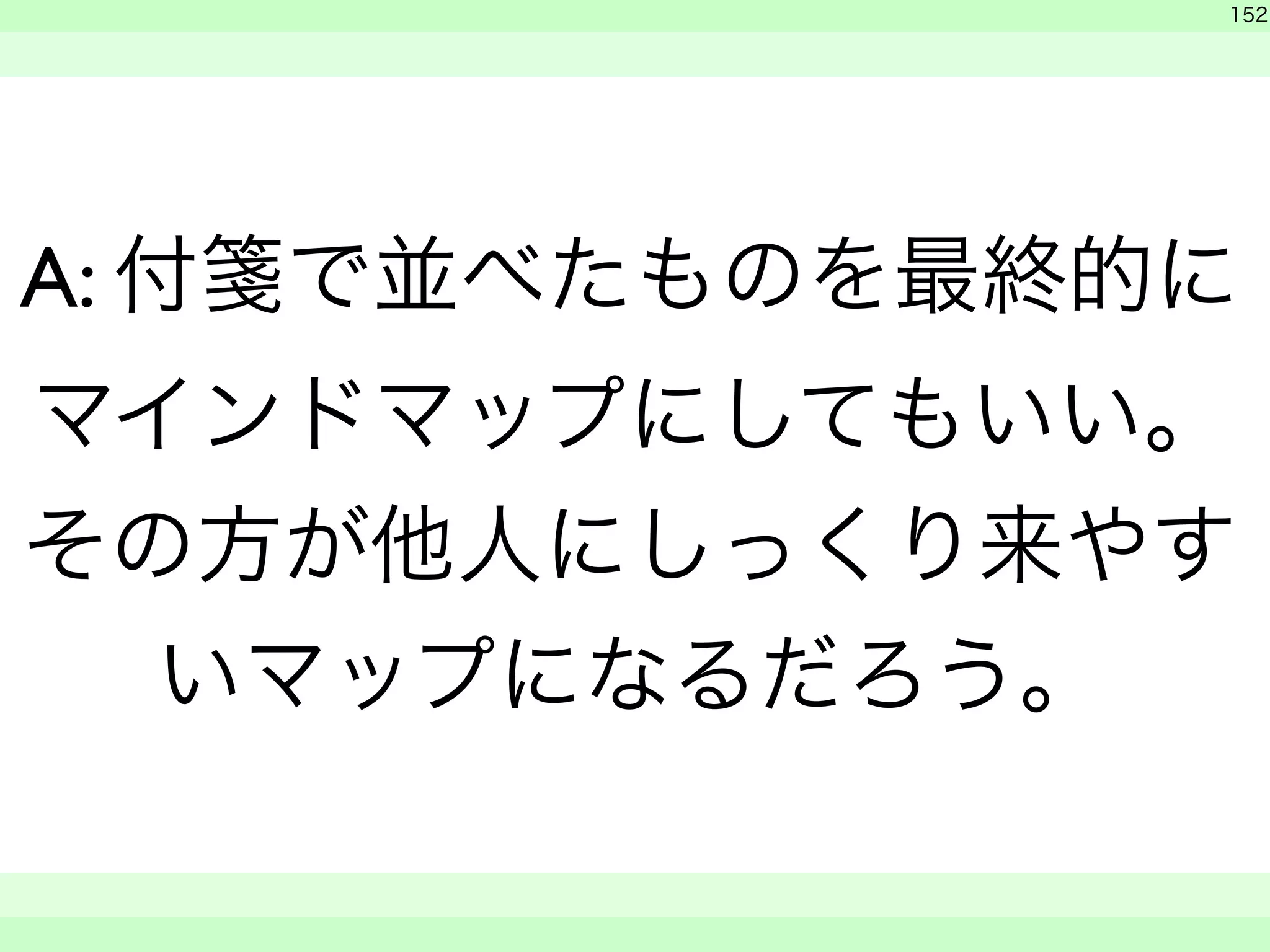 　 
152 
A: 付箋で並べたものを最終的に 
マインドマップにしてもいい。 
その方が他人にしっくり来やす 
いマップになるだろう。 
　　 
 