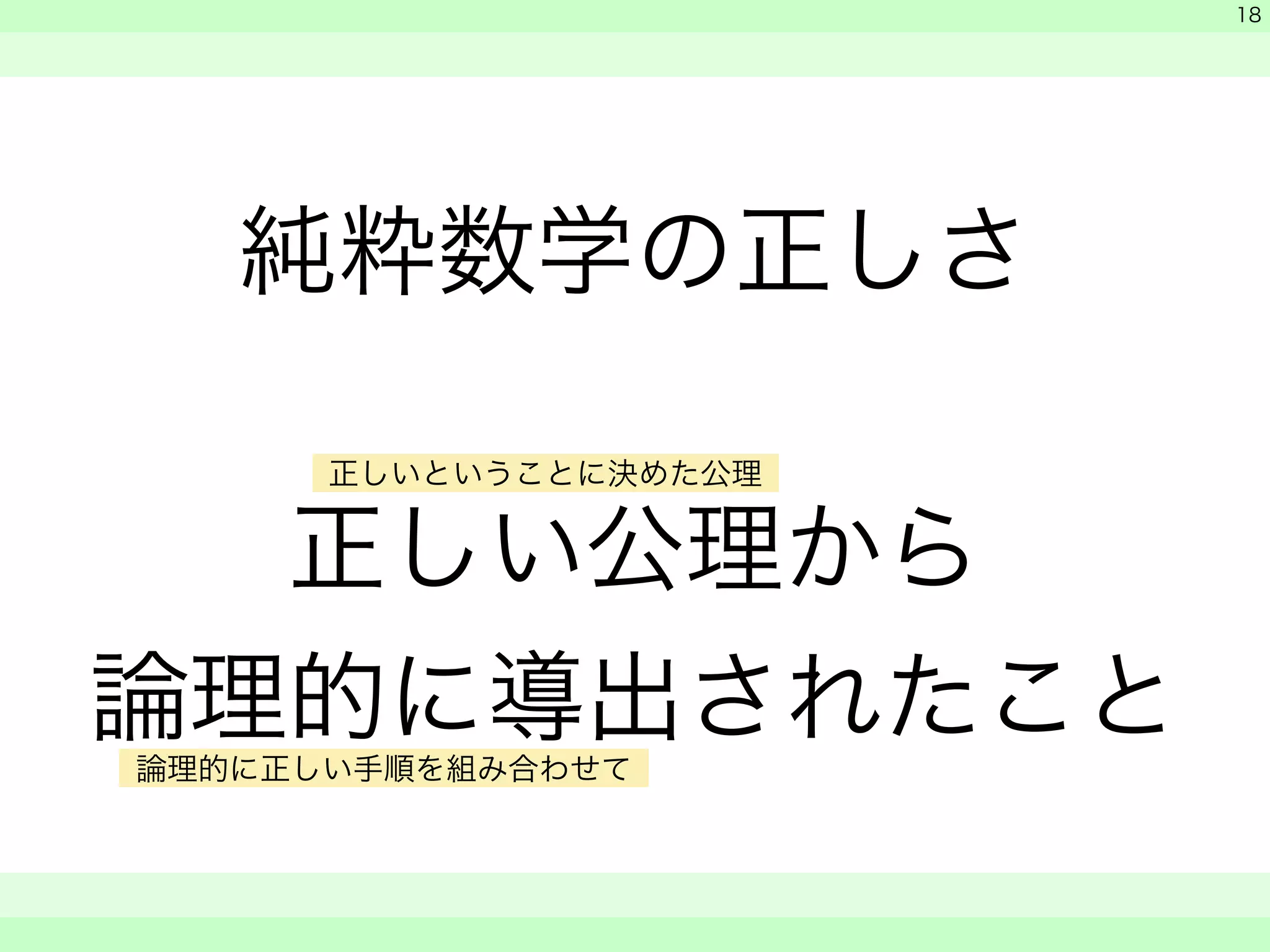 純粋数学の正しさ 
! 
正しい公理から 
論理的に導出されたこと 
　 
　 
　　 
18 
正しいということに決めた公理 
論理的に正しい手順を組み合わせて 
 
