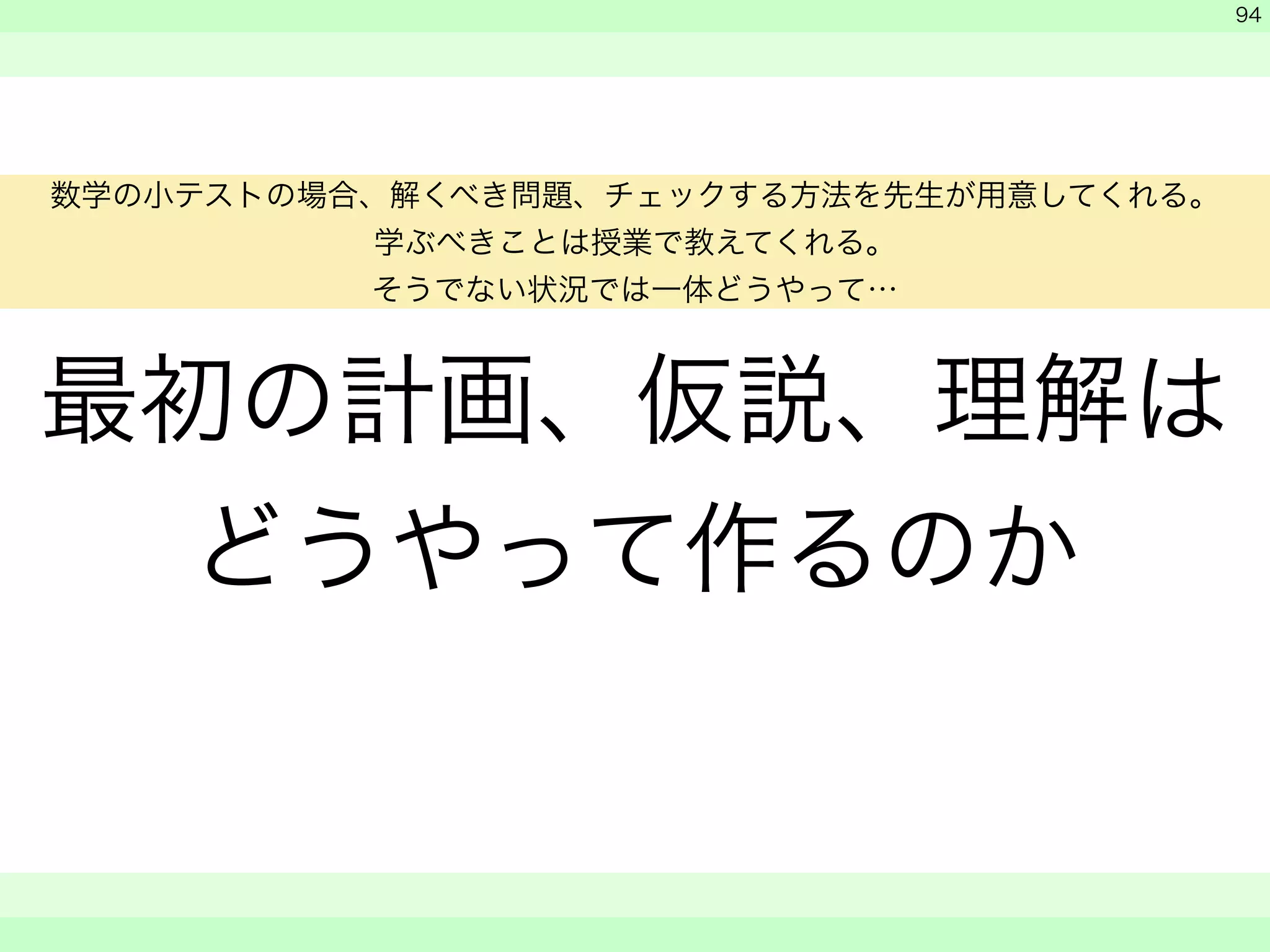 最初の計画、仮説、理解は 
どうやって作るのか 
　 
　 
　　 
94 
数学の小テストの場合、解くべき問題、チェックする方法を先生が用意してくれる。 
学ぶべきことは授業で教えてくれる。 
そうでない状況では一体どうやって… 
 