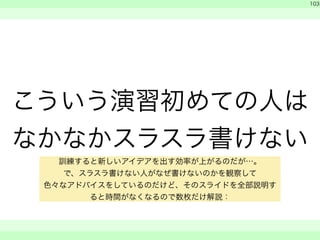 こういう演習初めての人は 
なかなかスラスラ書けない 
　 
　 
103 
　　 
訓練すると新しいアイデアを出す効率が上がるのだが…。 
で、スラスラ書けない人がなぜ書けないのかを観察して 
色々なアドバイスをしているのだけど、そのスライドを全部説明す 
ると時間がなくなるので数枚だけ解説： 
 