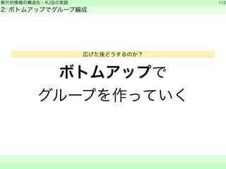断片的情報の構造化 - KJ法の実践 
2: ボトムアップでグループ編成 
ボトムアップで 
グループを作っていく 
112 
　　 
広げた後どうするのか？ 
 