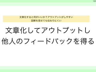 　 
　 
122 
文章化してアウトプットし 
他人のフィードバックを得る 
　　 
文章化すると何がいいか？アウトプットがしやすい 
図解を見せても伝わりにくい 
 