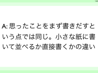 　 
148 
A: 思ったことをまず書きだすと 
いう点では同じ。小さな紙に書 
いて並べるか直接書くかの違い 
　　 
 