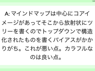 149 
A: マインドマップは中心にコアイ 
メージがあってそこから放射状にツ 
リーを書くのでトップダウンで構造 
化されたものを書くバイアスがかか 
りがち。これが悪い点。カラフルな 
のは良い点。 
　 
　　 
 