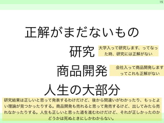 正解がまだないもの 
研究 
商品開発 
人生の大部分 
　 
　 
会社入って商品開発します 
ってこれも正解がない 
　　 
15 
大学入って研究します、ってなっ 
た時、研究には正解がない 
研究結果は正しいと思って発表するわけだけど、後から間違いがわかったり、もっとよ 
い理論が見つかったりする。商品開発も売れると思って発売するけど、出してみたら売 
れなかったりする。人生も正しいと思った道を進むわけだけど、それが正しかったのか 
どうかは死ぬときにしかわからない。 
 