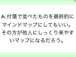 　 
152 
A: 付箋で並べたものを最終的に 
マインドマップにしてもいい。 
その方が他人にしっくり来やす 
いマップになるだろう。 
　　 
 