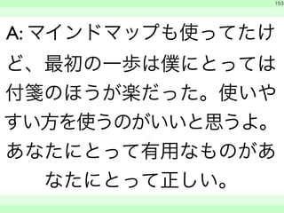 153 
A: マインドマップも使ってたけ 
ど、最初の一歩は僕にとっては 
付箋のほうが楽だった。使いや 
すい方を使うのがいいと思うよ。 
あなたにとって有用なものがあ 
なたにとって正しい。 
　 
　　 
 
