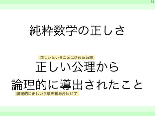 純粋数学の正しさ 
! 
正しい公理から 
論理的に導出されたこと 
　 
　 
　　 
18 
正しいということに決めた公理 
論理的に正しい手順を組み合わせて 
 