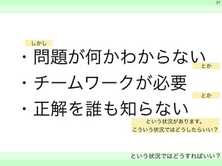 ・問題が何かわからない 
・チームワークが必要 
・正解を誰も知らない 
　 
　 
という状況ではどうすればいい？ 
　 
37 
しかし 
とか 
とか 
という状況があります。 
こういう状況ではどうしたらいい？ 
 