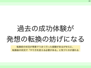 過去の成功体験が 
発想の転換の妨げになる 
　 
　 
　　 
40 
転換前の状況が得意でうまく行った経験があるがゆえに、 
転換後の状況で「やり方を変える必要がある」と気づくのが遅れる 
 