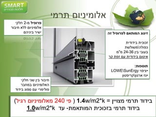 אלומיניום תרמי 
פרופיל מ 2- חלקי 
אלומיניום ללא חיבור 
ישיר ביניהם 
חיבור בין שני חלקי 
האלומיניום במחבר 
פולימרי עם ספוג בידוד 
זיגוג המותאם לפרופיל זה 
זכוכית בידודית 
כפולהמשולשת 
בעובי בין 24-36 מ"מ 
איטום בידודית עם זפת קר 
תוספות: 
LOWESunErgy •ציפוי 
•גז ארגוןקריפטון 
1.4 ) פי 240 מאלומיניום רגיל( w/m2*k = בידוד תרמי מצויין 
1.0w/m2*k בידוד תרמי בזכוכית המותאמת- עד 
 