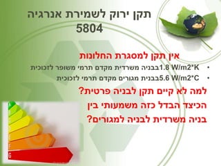 תקן ירוק לשמירת אנרגיה 
5804 
אין תקן למסגרת החלונות 
1.8 בבניה משרדית מקדם תרמי משופר לזכוכית W/m2*K • 
5.6 בבנית מגורים מקדם תרמי לזכוכית W/m2*C • 
למה לא קיים תקן לבניה פרטית? 
הכיצד הבדל כזה משמעותי בין 
בניה משרדית לבניה למגורים? 
 