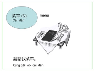 菜單(N) 
Cài dān 
menu 
請給我菜單。 
Qǐng gěi wǒ cài dān 
 
