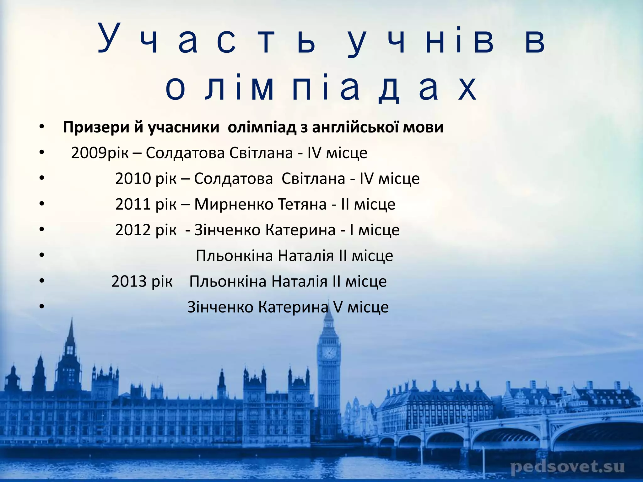 Участь учнів в 
олімпіадах 
• Призери й учасники олімпіад з англійської мови 
• 2009рік – Солдатова Світлана - IV місце 
• 2010 рік – Солдатова Світлана - IV місце 
• 2011 рік – Мирненко Тетяна - II місце 
• 2012 рік - Зінченко Катерина - I місце 
• Пльонкіна Наталія II місце 
• 2013 рік Пльонкіна Наталія ІІ місце 
• Зінченко Катерина V місце 
 
