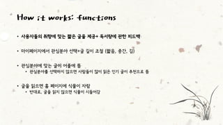 How it works: functions 
•사용자들의취향에맞는짧은글을제공+ 독서량에관한피드백 
•마이페이지에서관심분야선택+글길이조절(짧음, 중간, 김) 
•관심분야에맞는글이어플에뜸 
•관심분야를선택하지않으면사람들이많이읽은인기글이추천으로뜸 
•글을읽으면홈페이지에식물이자람 
•반대로, 글을읽지않으면식물이시들어감  