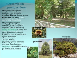 Ημιορεινές και 
ορεινές εκτάσεις 
Ημιορεινές και ορεινές 
εκτάσεις της περιοχής 
περιλαμβάνουν βοσκότοπους 
θαμνώνες και δάση οξυάς, 
καστανιάς, βελανιδιάς 
Η ορεινή περιοχή που 
περιβάλλει τις δύο λίμνες 
περιλαμβάνει πυκνά δάση 
οξιάς, βελανιδιάς ή μικτά στο 
όρος Στρατωνικό και στο 
Κερδύλλιο και στα ψηλά του 
όρους Βερτίσκος. 
Τα όρη Βόλβης 
χαρακτηρίζονται από τους 
πυκνούς θαμνώνες από 
πουρνάρι που εναλλάσσονται 
με βοσκόμενα λιβάδια. 
πουρνάρι 
καστανιά 
βελανιδιά 
 