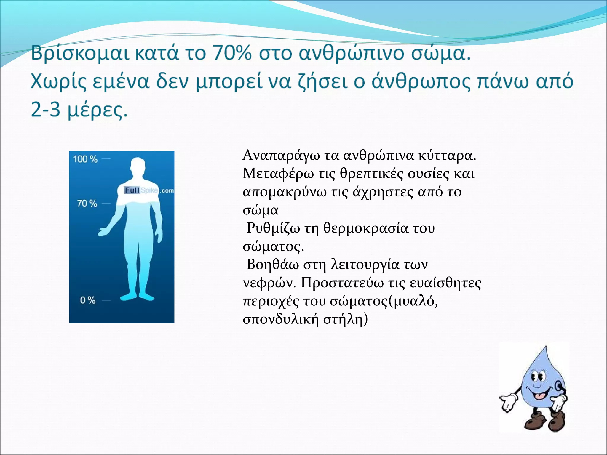 Αναπαράγω τα ανθρώπινα κύτταρα. 
Μεταφέρω τις θρεπτικές ουσίες και 
απομακρύνω τις άχρηστες από το 
σώμα 
Ρυθμίζω τη θερμοκρασία του 
σώματος. 
Βοηθάω στη λειτουργία των 
νεφρών. Προστατεύω τις ευαίσθητες 
περιοχές του σώματος(μυαλό, 
σπονδυλική στήλη) 
 