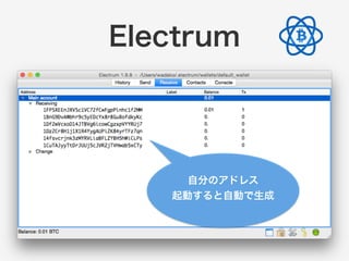 Electrum 
自分のアドレス 
起動すると自動で生成 
 