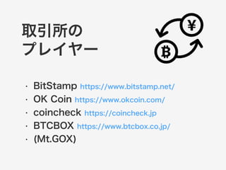 取引所の 
プレイヤー 
• BitStamp https://www.bitstamp.net/ 
• OK Coin https://www.okcoin.com/ 
• coincheck https://coincheck.jp 
• BTCBOX https://www.btcbox.co.jp/ 
• (Mt.GOX) 
 