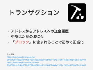 トランザクション 
• アドレスからアドレスへの送金履歴 
• 中身はただのJSON 
• 「ブロック」に含まれることで初めて正当化 
サンプル 
http://blockexplorer.com/tx/ 
9963f9bfe5d2e0f7fe8702c8222eb291980874a4e7126cf558a3956a87c3d469 
http://blockexplorer.com/rawtx/ 
9963f9bfe5d2e0f7fe8702c8222eb291980874a4e7126cf558a3956a87c3d469 
 