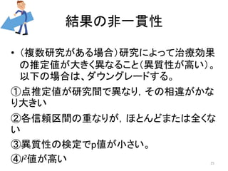 結果の非一貫性 
• （複数研究がある場合）研究によって治療効果 
の推定値が大きく異なること（異質性が高い）。 
以下の場合は、ダウングレードする。 
①点推定値が研究間で異なり，その相違がかな 
り大きい 
②各信頼区間の重なりが，ほとんどまたは全くな 
い 
③異質性の検定でp値が小さい。 
④I2値が高い25 
 