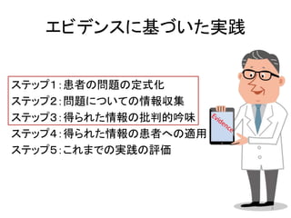 エビデンスに基づいた実践 
ステップ１：患者の問題の定式化 
ステップ２：問題についての情報収集 
ステップ３：得られた情報の批判的吟味 
ステップ４：得られた情報の患者への適用 
ステップ５：これまでの実践の評価 
3 
 