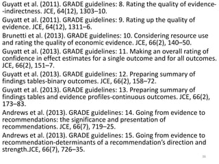 Guyatt et al. (2011). GRADE guidelines: 8. Rating the quality of evidence- 
-indirectness. JCE, 64(12), 1303–10. 
Guyatt et al. (2011). GRADE guidelines: 9. Rating up the quality of 
evidence. JCE, 64(12), 1311–6. 
Brunetti et al. (2013). GRADE guidelines: 10. Considering resource use 
and rating the quality of economic evidence. JCE, 66(2), 140–50. 
Guyatt et al. (2013). GRADE guidelines: 11. Making an overall rating of 
confidence in effect estimates for a single outcome and for all outcomes. 
JCE, 66(2), 151–7. 
Guyatt et al. (2013). GRADE guidelines: 12. Preparing summary of 
findings tables-binary outcomes. JCE, 66(2), 158–72. 
Guyatt et al. (2013). GRADE guidelines: 13. Preparing summary of 
findings tables and evidence profiles-continuous outcomes. JCE, 66(2), 
173–83. 
Andrews et al. (2013). GRADE guidelines: 14. Going from evidence to 
recommendations: the significance and presentation of 
recommendations. JCE, 66(7), 719–25. 
Andrews et al. (2013). GRADE guidelines: 15. Going from evidence to 
recommendation-determinants of a recommendation’s direction and 
strength.JCE, 66(7), 726–35. 
36 
