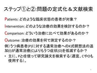 ステップ①と②:問題の定式化＆文献検索 
Patients: どのような臨床状態の患者が対象？ 
Intervention: どのような治療の効果を検討するのか？ 
Comparison: どういう治療に比べて効果があるのか？ 
Outcome: 治療の効果を何で測定するのか？ 
例）うつ病患者(P)に対する通常治療へのK式瞑想法の追 
加(I)が通常治療(C)よりもうつ症状(O)を低減するか？ 
• 主に、PとIを使って研究論文を検索する（適宜、CやOも 
使用する）。 
8 
 