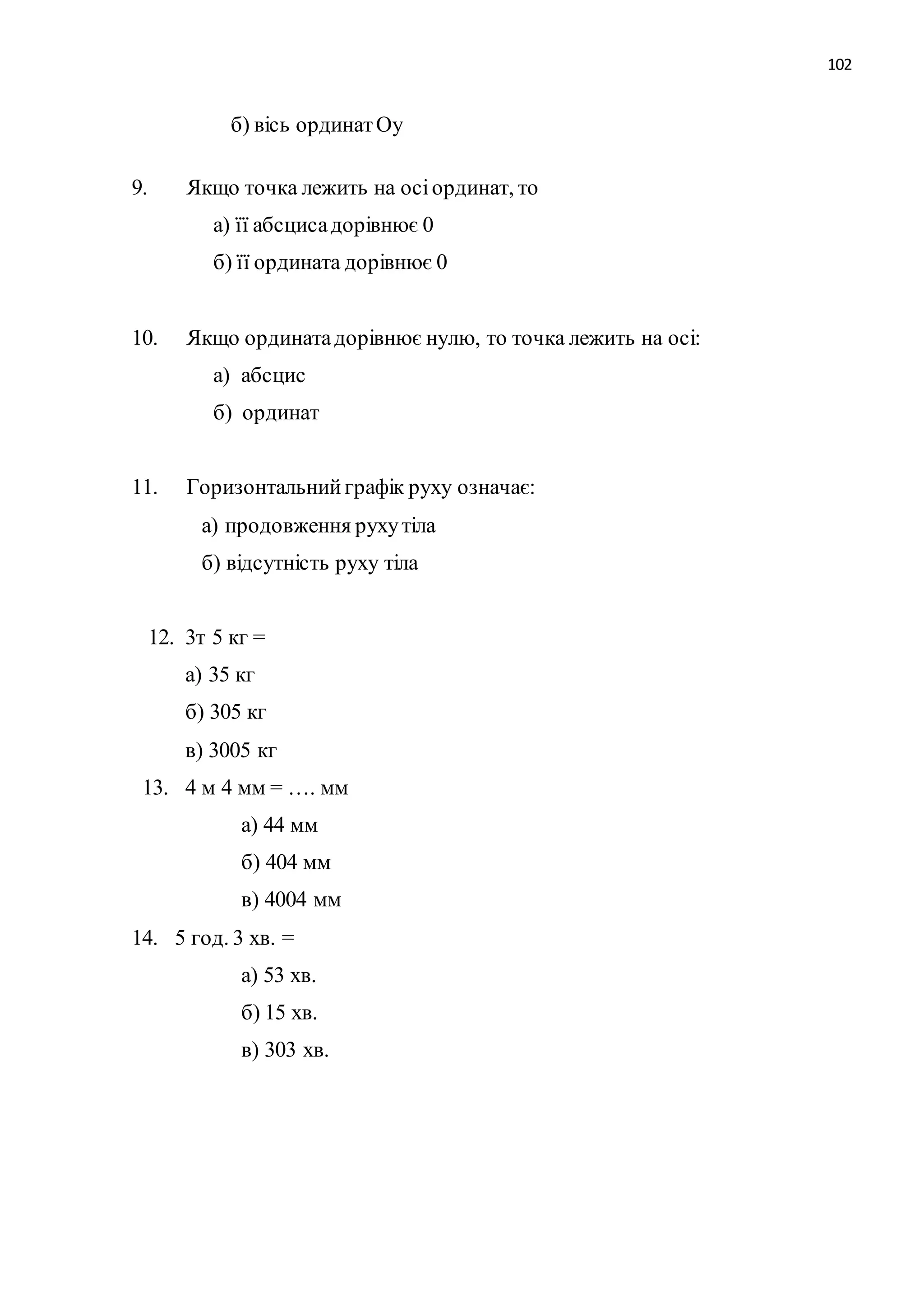 102 
б) вісь ординат Оу 
9. Якщо точка лежить на осі ординат, то 
а) її абсциса дорівнює 0 
б) її ордината дорівнює 0 
10. Якщо ордината дорівнює нулю, то точка лежить на осі: 
а) абсцис 
б) ординат 
11. Горизонтальний графік руху означає: 
а) продовження руху тіла 
б) відсутність руху тіла 
12. 3т 5 кг = 
а) 35 кг 
б) 305 кг 
в) 3005 кг 
13. 4 м 4 мм = …. мм 
а) 44 мм 
б) 404 мм 
в) 4004 мм 
14. 5 год. 3 хв. = 
а) 53 хв. 
б) 15 хв. 
в) 303 хв. 
 