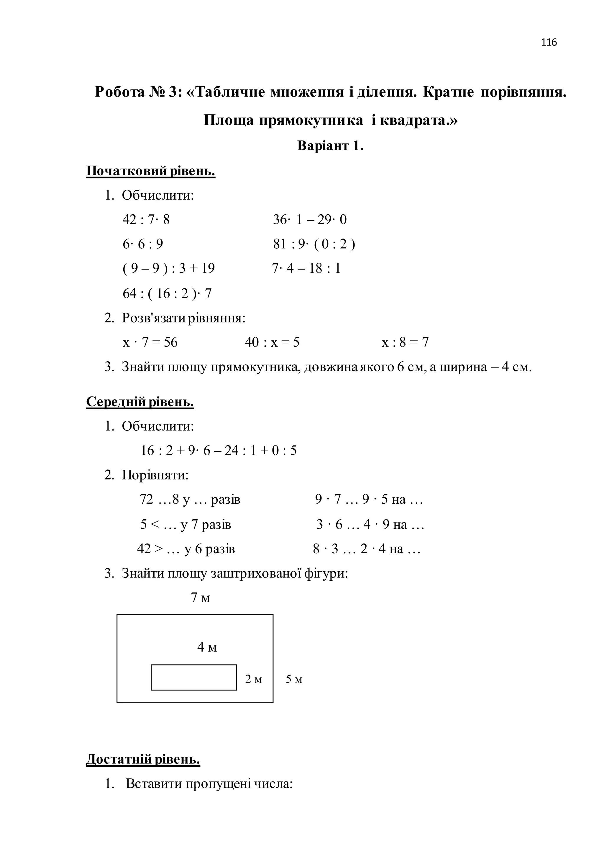 116 
Робота № 3: «Табличне множення і ділення. Кратне порівняння. 
Площа прямокутника і квадрата.» 
Варіант 1. 
Початковий рівень. 
1. Обчислити: 
42 : 7· 8 36· 1 – 29· 0 
6· 6 : 9 81 : 9· ( 0 : 2 ) 
( 9 – 9 ) : 3 + 19 7· 4 – 18 : 1 
64 : ( 16 : 2 )· 7 
2. Розв'язати рівняння: 
х · 7 = 56 40 : х = 5 х : 8 = 7 
3. Знайти площу прямокутника, довжина якого 6 см, а ширина – 4 см. 
Середній рівень. 
1. Обчислити: 
16 : 2 + 9· 6 – 24 : 1 + 0 : 5 
2. Порівняти: 
72 …8 у … разів 9 · 7 … 9 · 5 на … 
5 < … у 7 разів 3 · 6 … 4 · 9 на … 
42 > … у 6 разів 8 · 3 … 2 · 4 на … 
3. Знайти площу заштрихованої фігури: 
7 м 
4 м 
Достатній рівень. 
2 м 5 м 
1. Вставити пропущені числа: 
 