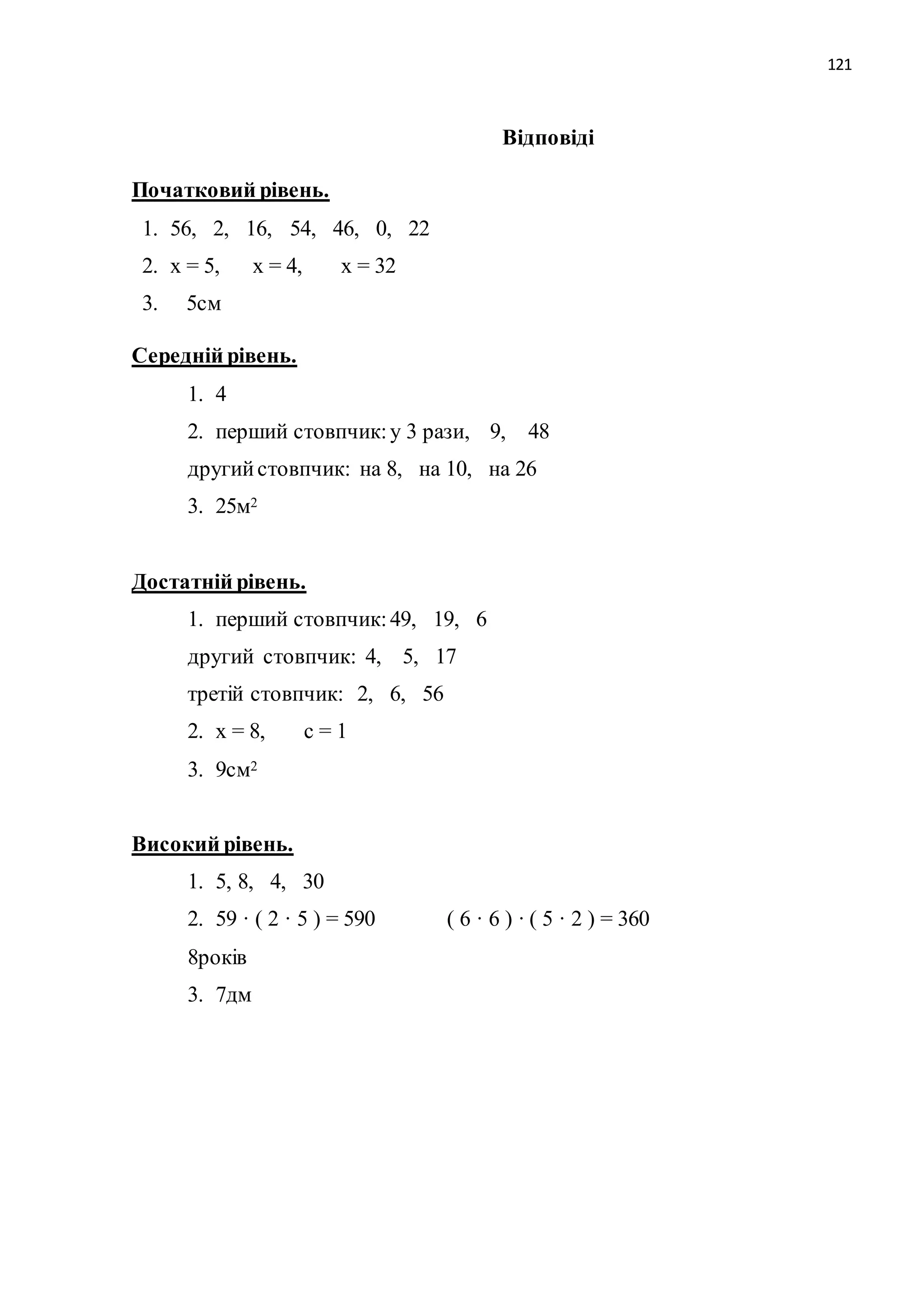 121 
Відповіді 
Початковий рівень. 
1. 56, 2, 16, 54, 46, 0, 22 
2. х = 5, х = 4, х = 32 
3. 5см 
Середній рівень. 
1. 4 
2. перший стовпчик: у 3 рази, 9, 48 
другий стовпчик: на 8, на 10, на 26 
3. 25м2 
Достатній рівень. 
1. перший стовпчик: 49, 19, 6 
другий стовпчик: 4, 5, 17 
третій стовпчик: 2, 6, 56 
2. х = 8, с = 1 
3. 9см2 
Високий рівень. 
1. 5, 8, 4, 30 
2. 59 · ( 2 · 5 ) = 590 ( 6 · 6 ) · ( 5 · 2 ) = 360 
8років 
3. 7дм 
 