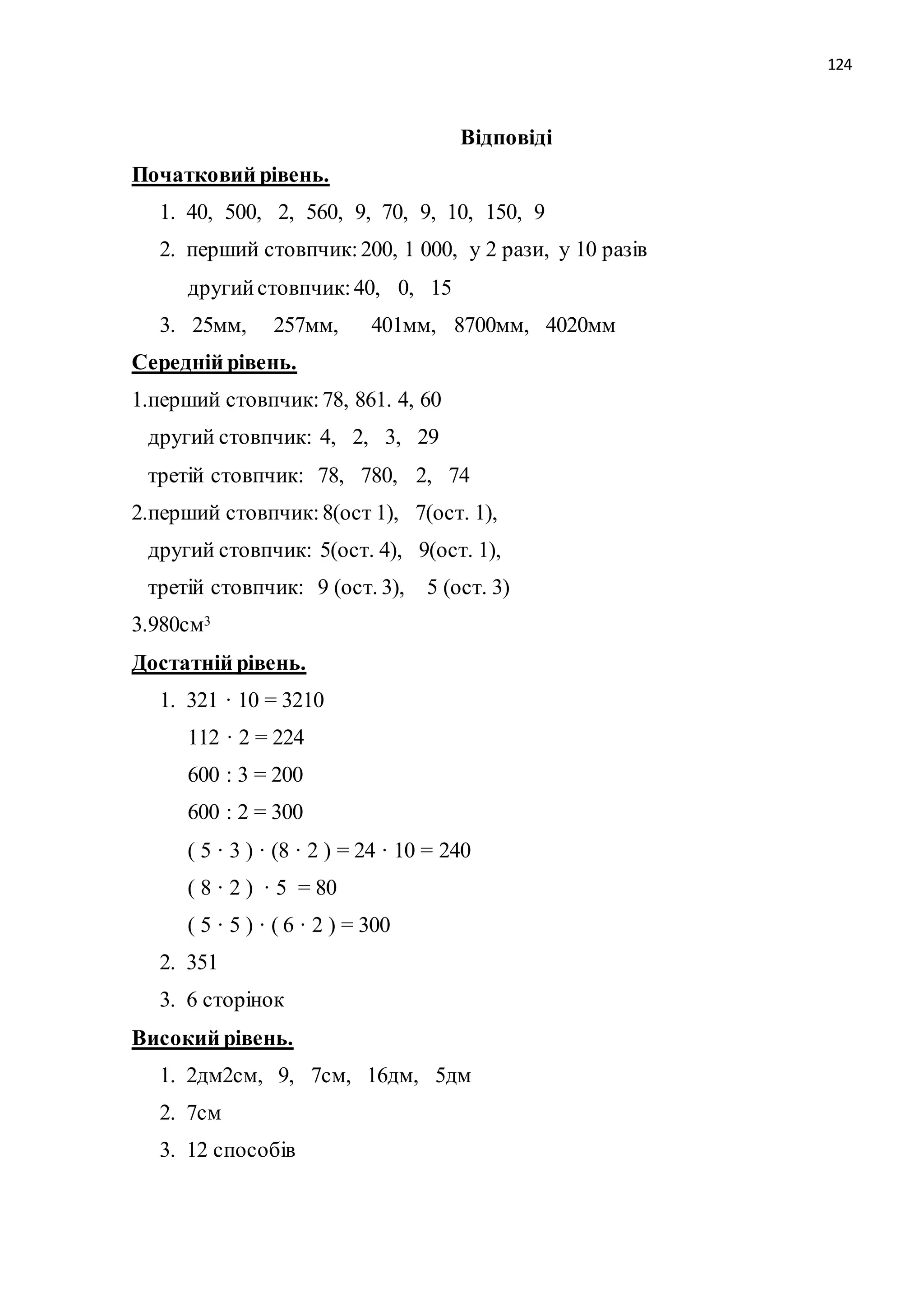 124 
Відповіді 
Початковий рівень. 
1. 40, 500, 2, 560, 9, 70, 9, 10, 150, 9 
2. перший стовпчик: 200, 1 000, у 2 рази, у 10 разів 
другий стовпчик: 40, 0, 15 
3. 25мм, 257мм, 401мм, 8700мм, 4020мм 
Середній рівень. 
1.перший стовпчик: 78, 861. 4, 60 
другий стовпчик: 4, 2, 3, 29 
третій стовпчик: 78, 780, 2, 74 
2.перший стовпчик: 8(ост 1), 7(ост. 1), 
другий стовпчик: 5(ост. 4), 9(ост. 1), 
третій стовпчик: 9 (ост. 3), 5 (ост. 3) 
3.980см3 
Достатній рівень. 
1. 321 · 10 = 3210 
112 · 2 = 224 
600 : 3 = 200 
600 : 2 = 300 
( 5 · 3 ) · (8 · 2 ) = 24 · 10 = 240 
( 8 · 2 ) · 5 = 80 
( 5 · 5 ) · ( 6 · 2 ) = 300 
2. 351 
3. 6 сторінок 
Високий рівень. 
1. 2дм2см, 9, 7см, 16дм, 5дм 
2. 7см 
3. 12 способів 
 