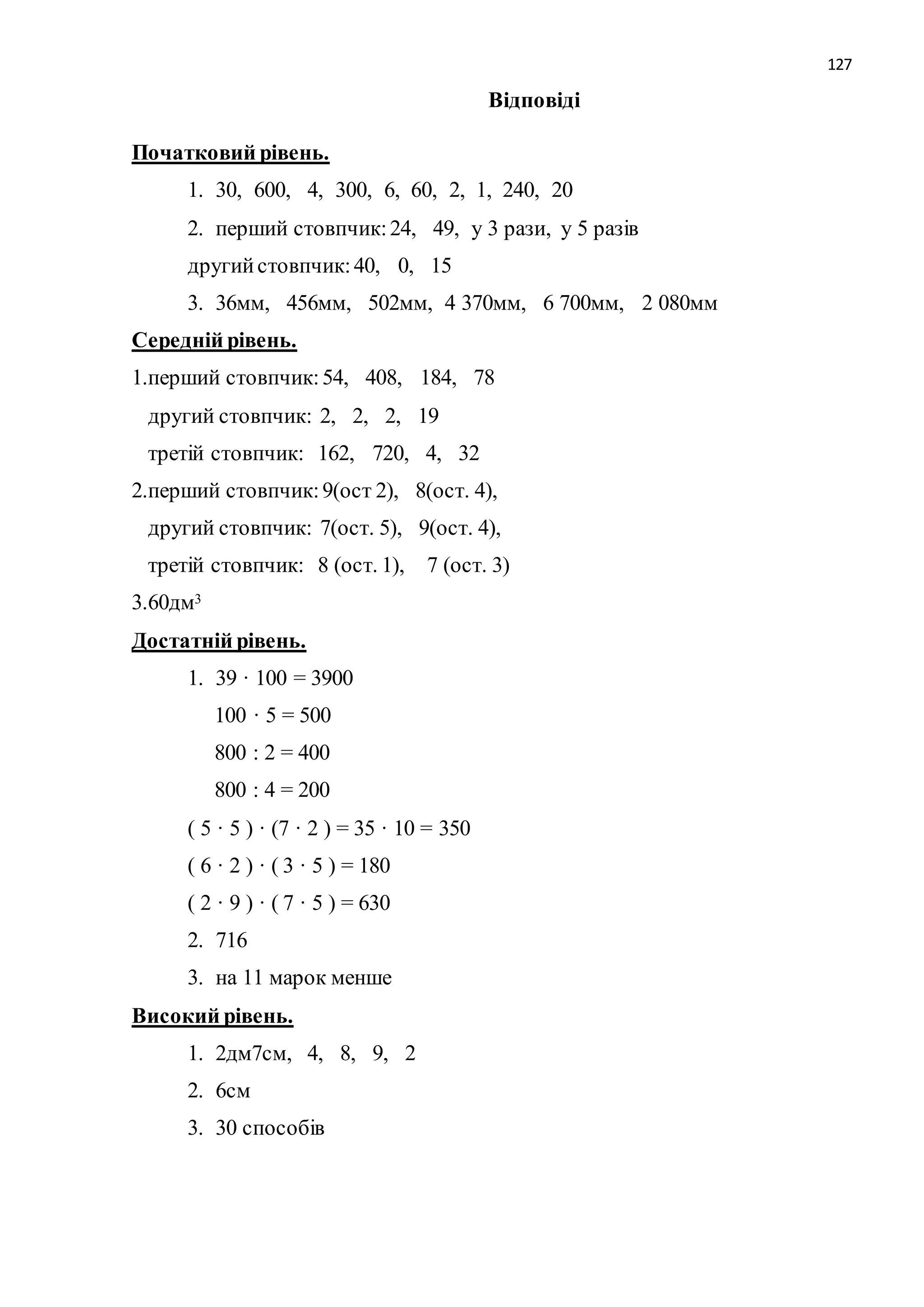 127 
Відповіді 
Початковий рівень. 
1. 30, 600, 4, 300, 6, 60, 2, 1, 240, 20 
2. перший стовпчик: 24, 49, у 3 рази, у 5 разів 
другий стовпчик: 40, 0, 15 
3. 36мм, 456мм, 502мм, 4 370мм, 6 700мм, 2 080мм 
Середній рівень. 
1.перший стовпчик: 54, 408, 184, 78 
другий стовпчик: 2, 2, 2, 19 
третій стовпчик: 162, 720, 4, 32 
2.перший стовпчик: 9(ост 2), 8(ост. 4), 
другий стовпчик: 7(ост. 5), 9(ост. 4), 
третій стовпчик: 8 (ост. 1), 7 (ост. 3) 
3.60дм3 
Достатній рівень. 
1. 39 · 100 = 3900 
100 · 5 = 500 
800 : 2 = 400 
800 : 4 = 200 
( 5 · 5 ) · (7 · 2 ) = 35 · 10 = 350 
( 6 · 2 ) · ( 3 · 5 ) = 180 
( 2 · 9 ) · ( 7 · 5 ) = 630 
2. 716 
3. на 11 марок менше 
Високий рівень. 
1. 2дм7см, 4, 8, 9, 2 
2. 6см 
3. 30 способів 
 