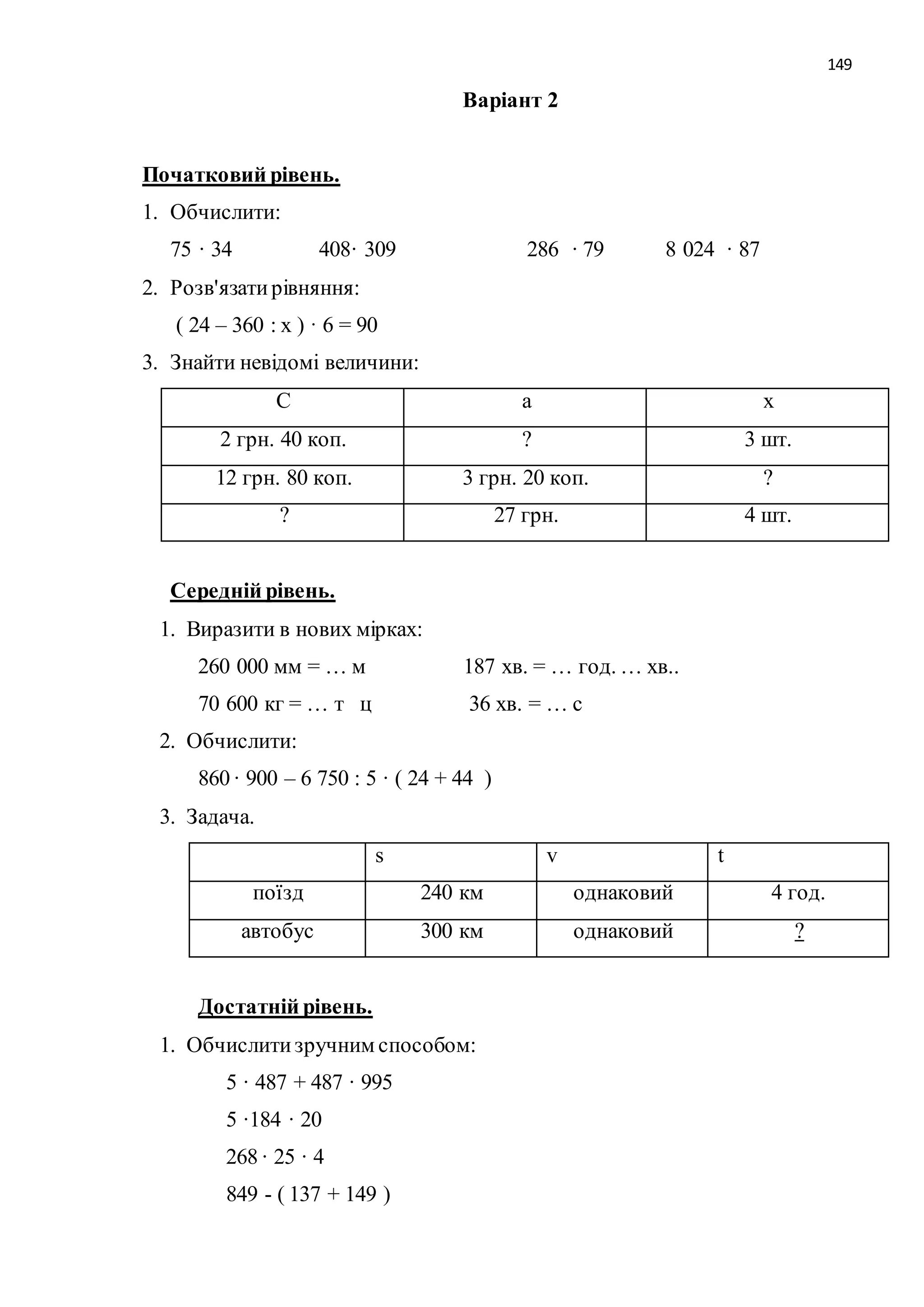 149 
Варіант 2 
Початковий рівень. 
1. Обчислити: 
75 · 34 408· 309 286 · 79 8 024 · 87 
2. Розв'язати рівняння: 
( 24 – 360 : х ) · 6 = 90 
3. Знайти невідомі величини: 
С а х 
2 грн. 40 коп. ? 3 шт. 
12 грн. 80 коп. 3 грн. 20 коп. ? 
? 27 грн. 4 шт. 
Середній рівень. 
1. Виразити в нових мірках: 
260 000 мм = … м 187 хв. = … год. … хв.. 
70 600 кг = … т ц 36 хв. = … с 
2. Обчислити: 
860 · 900 – 6 750 : 5 · ( 24 + 44 ) 
3. Задача. 
s v t 
поїзд 240 км однаковий 4 год. 
автобус 300 км однаковий ? 
Достатній рівень. 
1. Обчислити зручним способом: 
5 · 487 + 487 · 995 
5 ·184 · 20 
268 · 25 · 4 
849 - ( 137 + 149 ) 
 