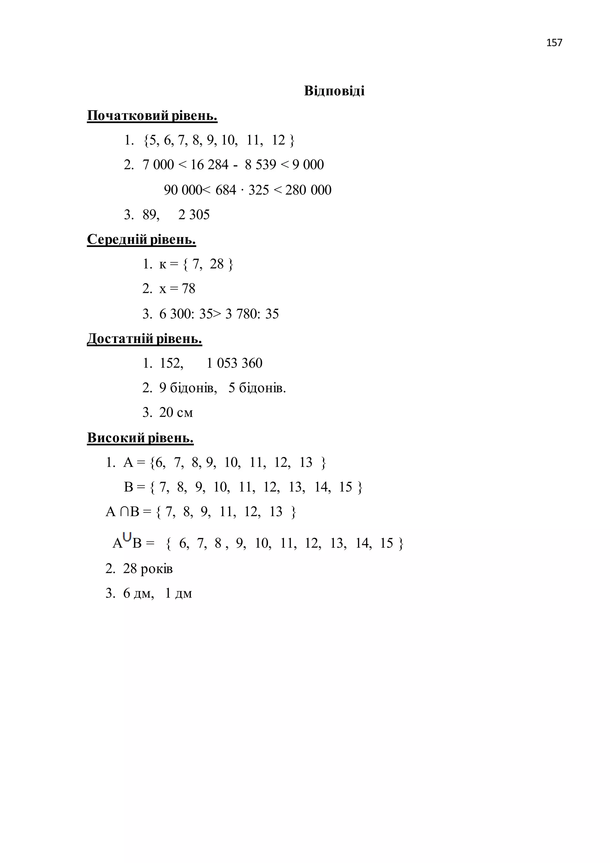 157 
Відповіді 
Початковий рівень. 
1. {5, 6, 7, 8, 9, 10, 11, 12 } 
2. 7 000 < 16 284 - 8 539 < 9 000 
90 000< 684 · 325 < 280 000 
3. 89, 2 305 
Середній рівень. 
1. к = { 7, 28 } 
2. х = 78 
3. 6 300: 35> 3 780: 35 
Достатній рівень. 
1. 152, 1 053 360 
2. 9 бідонів, 5 бідонів. 
3. 20 см 
Високий рівень. 
1. А = {6, 7, 8, 9, 10, 11, 12, 13 } 
В = { 7, 8, 9, 10, 11, 12, 13, 14, 15 } 
А ∩В = { 7, 8, 9, 11, 12, 13 } 
А В = { 6, 7, 8 , 9, 10, 11, 12, 13, 14, 15 } 
2. 28 років 
3. 6 дм, 1 дм 
 