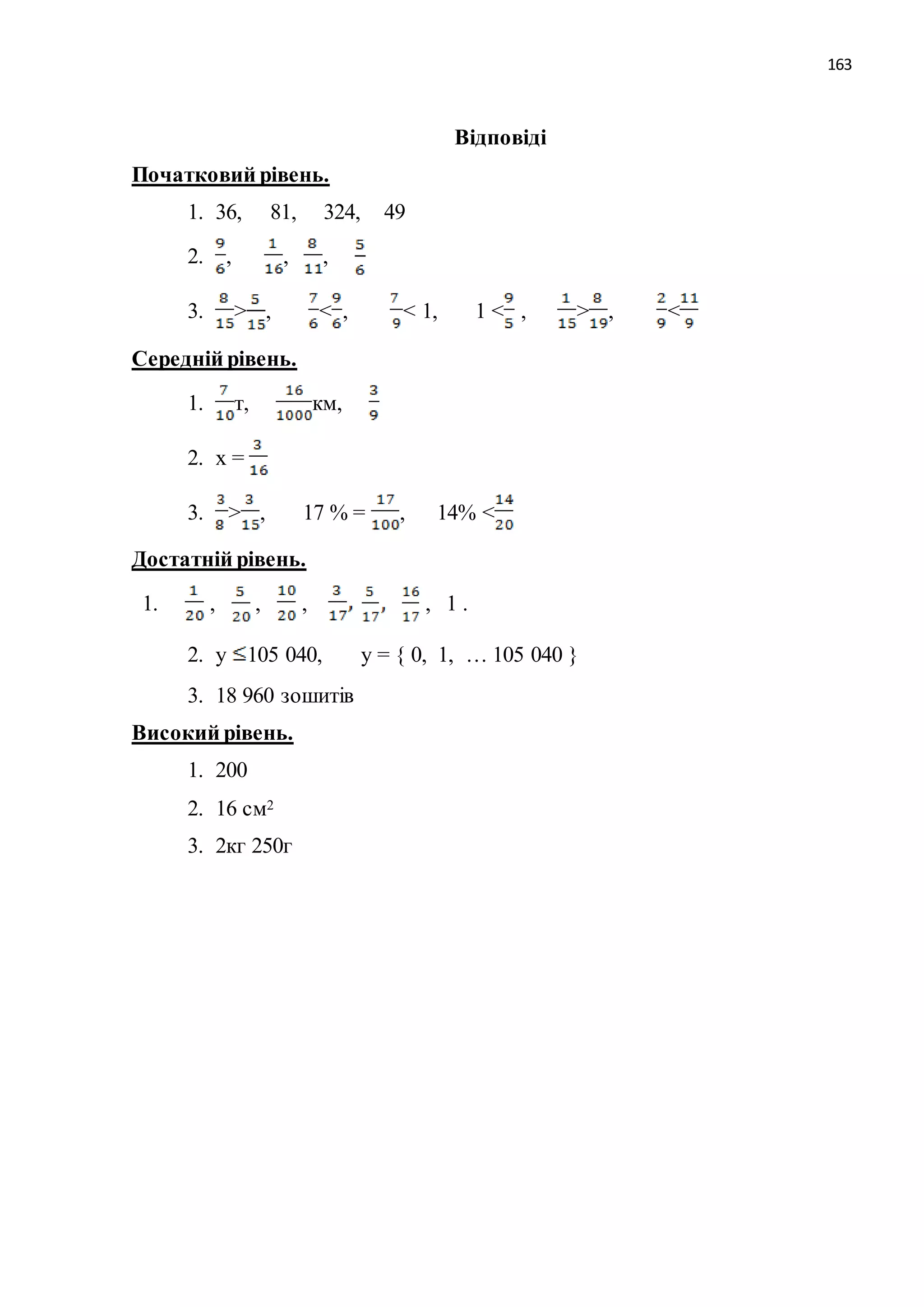 163 
Відповіді 
Початковий рівень. 
1. 36, 81, 324, 49 
2. , , , 
3. > , < , < 1, 1 < , > , < 
Середній рівень. 
1. т, км, 
2. х = 
3. > , 17 % = , 14% < 
Достатній рівень. 
1. , , , , 1 . 
2. у 105 040, у = { 0, 1, … 105 040 } 
3. 18 960 зошитів 
Високий рівень. 
1. 200 
2. 16 см2 
3. 2кг 250г 
 