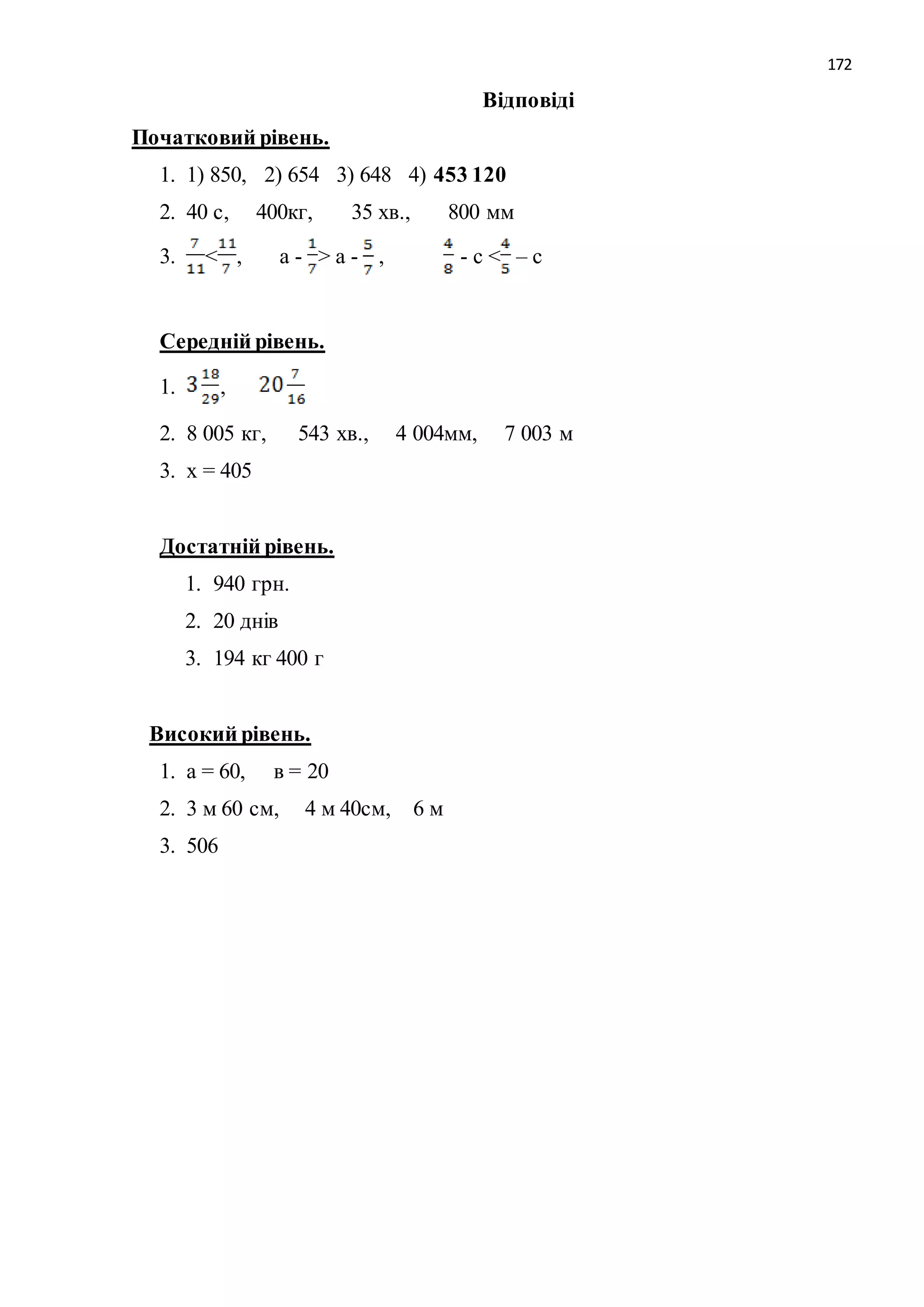 172 
Відповіді 
Початковий рівень. 
1. 1) 850, 2) 654 3) 648 4) 453 120 
2. 40 с, 400кг, 35 хв., 800 мм 
3. < , а - > а - , - с < – с 
Середній рівень. 
1. , 
2. 8 005 кг, 543 хв., 4 004мм, 7 003 м 
3. х = 405 
Достатній рівень. 
1. 940 грн. 
2. 20 днів 
3. 194 кг 400 г 
Високий рівень. 
1. а = 60, в = 20 
2. 3 м 60 см, 4 м 40см, 6 м 
3. 506 
 