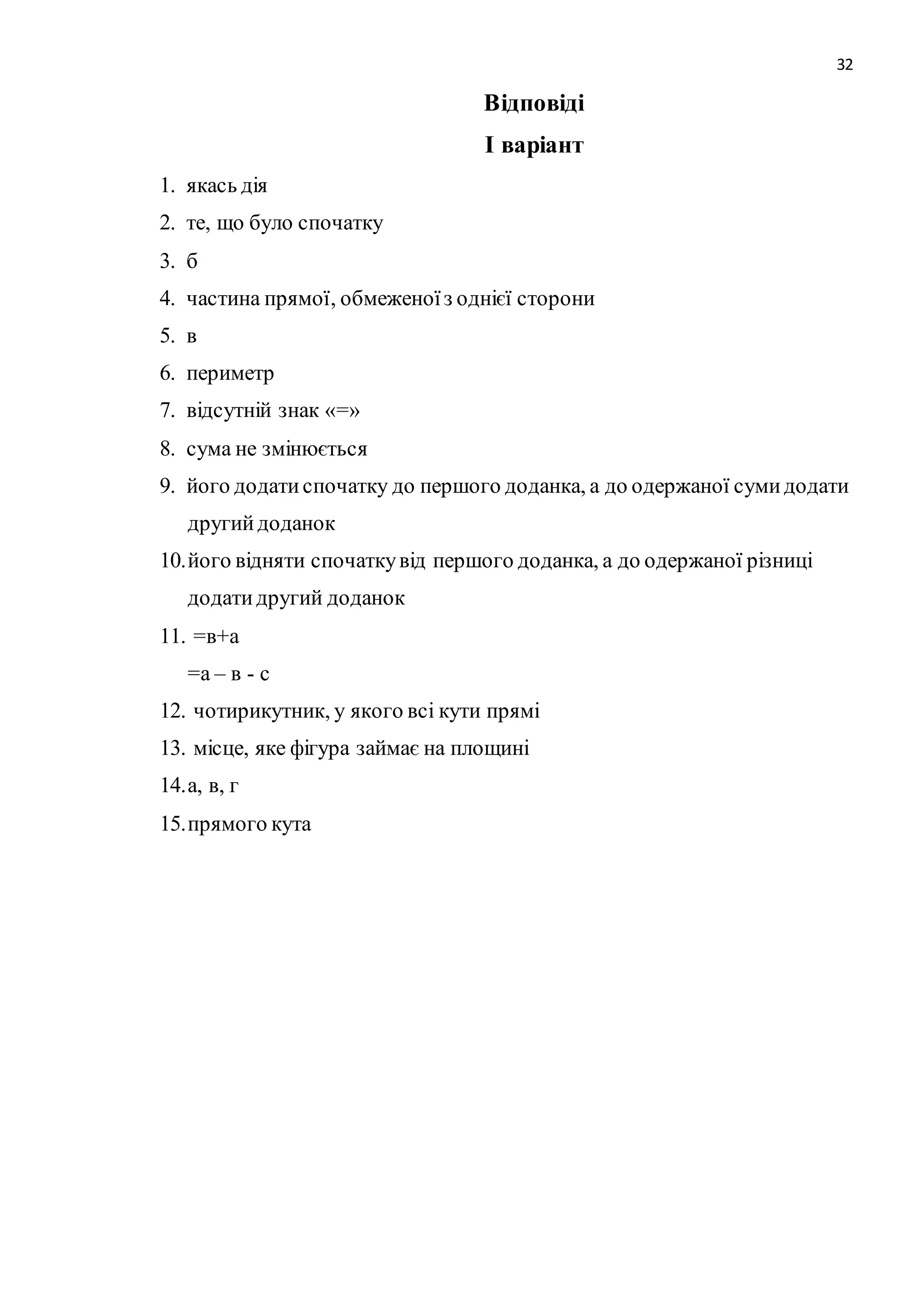 32 
Відповіді 
І варіант 
1. якась дія 
2. те, що було спочатку 
3. б 
4. частина прямої, обмеженої з однієї сторони 
5. в 
6. периметр 
7. відсутній знак «=» 
8. сума не змінюється 
9. його додати спочатку до першого доданка, а до одержаної суми додати 
другий доданок 
10. його відняти спочатку від першого доданка, а до одержаної різниці 
додати другий доданок 
11. =в+а 
=а – в - с 
12. чотирикутник, у якого всі кути прямі 
13. місце, яке фігура займає на площині 
14. а, в, г 
15. прямого кута 
 