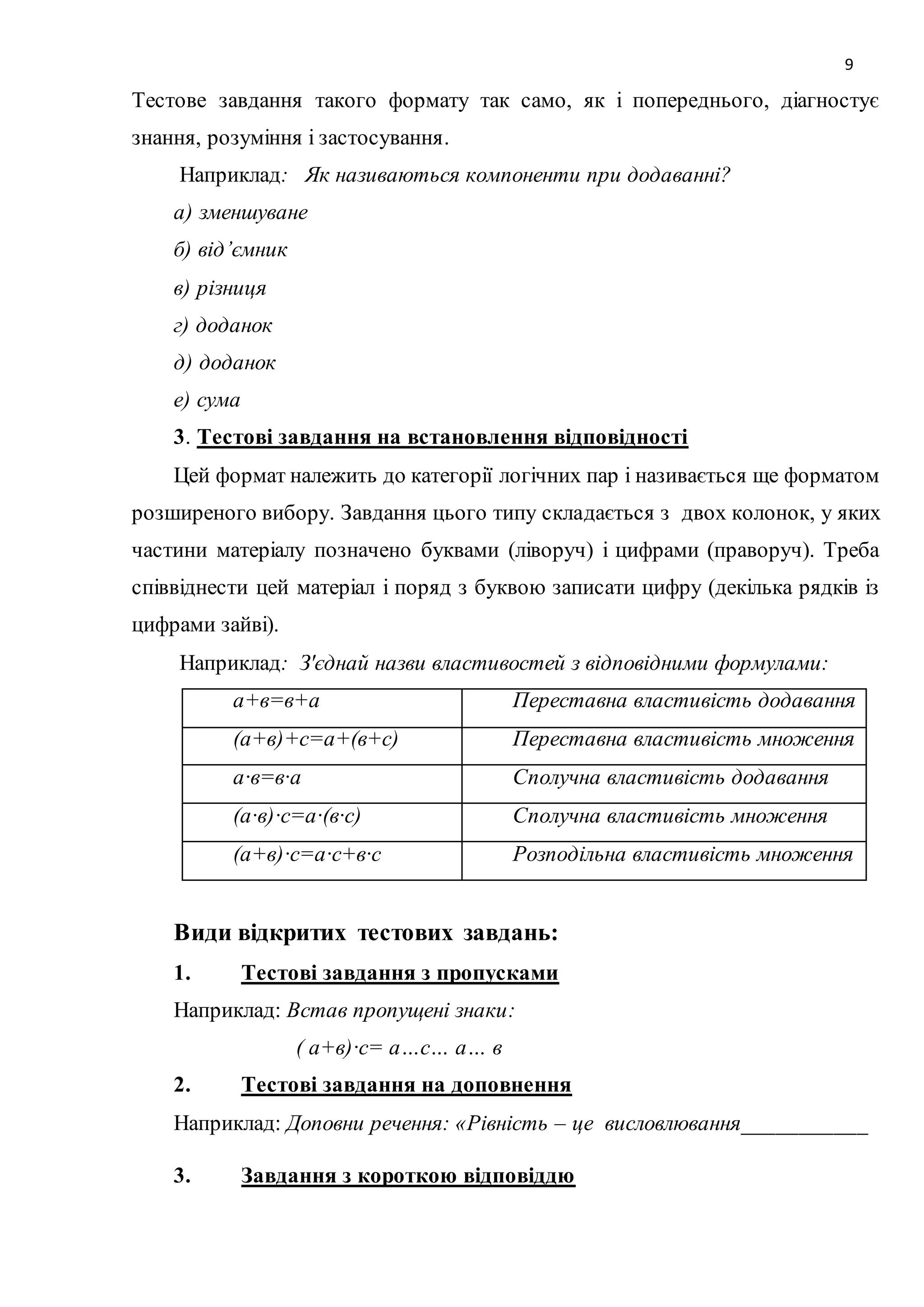 9 
Тестове завдання такого формату так само, як і попереднього, діагностує 
знання, розуміння і застосування. 
Наприклад: Як називаються компоненти при додаванні? 
а) зменшуване 
б) від’ємник 
в) різниця 
г) доданок 
д) доданок 
е) сума 
3. Тестові завдання на встановлення відповідності 
Цей формат належить до категорії логічних пар і називається ще форматом 
розширеного вибору. Завдання цього типу складається з двох колонок, у яких 
частини матеріалу позначено буквами (ліворуч) і цифрами (праворуч). Треба 
співвіднести цей матеріал і поряд з буквою записати цифру (декілька рядків із 
цифрами зайві). 
Наприклад: З'єднай назви властивостей з відповідними формулами: 
а+в=в+а Переставна властивість додавання 
(а+в)+с=а+(в+с) Переставна властивість множення 
а·в=в·а Сполучна властивість додавання 
(а·в)·с=а·(в·с) Сполучна властивість множення 
(а+в)·с=а·с+в·с Розподільна властивість множення 
Види відкритих тестових завдань: 
1. Тестові завдання з пропусками 
Наприклад: Встав пропущені знаки: 
( а+в)·с= а…с… а… в 
2. Тестові завдання на доповнення 
Наприклад: Доповни речення: «Рівність – це висловлювання___________ 
3. Завдання з короткою відповіддю 
 