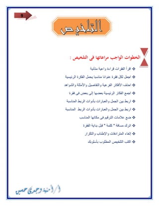 9 
الخطوات الواجب مراعاتها فى التلخيص : 
 اقرأ الفقرات قراءة واعية متأنية 
 اجعل لكل فقرة عنوانا مناسبا يحمل الفكرة الرئيسية 
 احذف الأفكار الفرعية والتفاصيل والأمثلة والشواهد 
 اجمع الفكار الرئيسية بعضها إلى بعض فى فقرة 
 اربط بين الجمل والعبارات بأدوات الربط المناسبة 
 اربط بين الجمل والعبارات بأدوات الربط المناسبة 
 ضع علامات الترقيم فى مكانها المناسب 
 اترك مسافة " كلمة " قبل بداية الفقرة 
 إلغاء المترادفات والإطناب والتكرار 
 اكتب التلخيص المطلوب بأسلوبك 
 